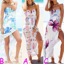 Fashion Sexy Strapless Side Slit Hemline Maxi Dress 