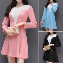 Fashion Elegant Color Spliced Round Neck Long Sleeve Pleated Dress 