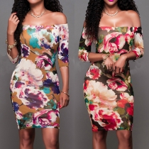 Fashion Sexy Floral Printed Off-shoulder Half Sleeve Sheath Dress 