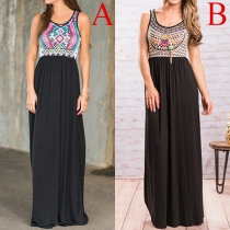 Fashion Retro Printed Round Neck Sleeveless Maxi Dress 