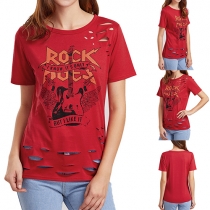 Fashion Casual Punk Printed Hollow Out Short Sleeve T-shirt 