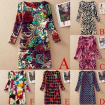Fashion Retro Floral Printed Long Sleeve Slim Fit Dress 