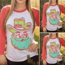 Fashion Casual Santa Claus Printed Round Neck Long Sleeve Tops 