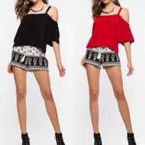 Fashion Sexy Solid Color Cold Shoulder Lace Spliced Sling Tops 