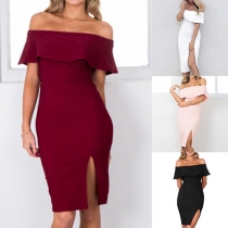 Sexy Ruffle Boat Neck Slit Hem Solid Color Dress