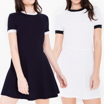 Fashion Contrast Color Short Sleeve Round Neck Dress