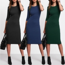 Elegant Solid Color Half Sleeve Round Neck Slim Fit Dress