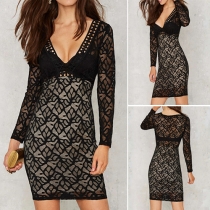 Sexy Deep V-neck Long Sleeve Slim Fit Lace Dress