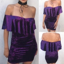 Sexy Ruffle Boat Neck Solid Color Party Dress