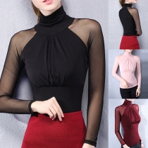 Sexy Gauze Spliced Long Sleeve Turtleneck Tops