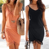 Fashion Solid Color V-neck Irregular Tassel Hem Sling Dress