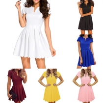 Fashion Solid Color Short Sleeve V-neck Dress