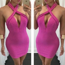 Sexy Backless Deep V-neck Crossover Halter Dress