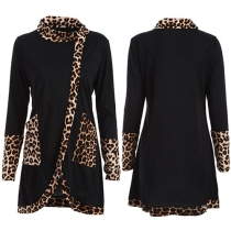 Fashion Cool Leapord Spliced Long Sleeve Front Pocket Tops 