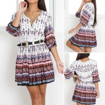 Fashion Retro Ethnic Floral Printed Half Sleeve Waistband Pleated Dress 