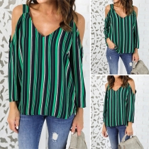 Fashion Sexy Striped V-neck Cold Shoulder Chiffon Tops 