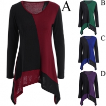 Fashion Casual Color Spliced V-neck Long Sleeve Irregular Hemline Tops