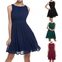 Fashion Elegant Solid Color Sleeveless Pleated Chiffon Dress 