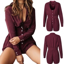 Fashion Delicate Solid Color Button Deep V-Neck Long Sleeve Jumpsuits