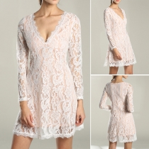 Fashion Elegant Solid Color Lace Long Sleeve Deep V-neck Slim Fit Dress 