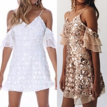 Fashion Sexy Solid Color Sequin Ruffle Sleeve V-neck Slim Fit Sling Dress 