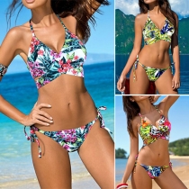 Fashion Sexy Floral Printed V-neck Two-piece Halter Bikini Swimsuit 