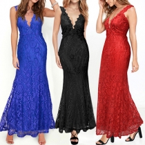 Fashion Sexy Lace Deep V-neck Sleeveless Backless Maxi Dress 