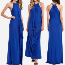 Fashion Sexy Solid Color Sleeveless Halter Maxi Dress 