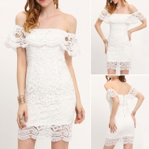 Fashion Sexy Solid Color Lace Off-shoulder Flounce Slim Fit Dress 