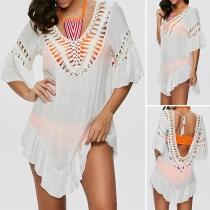 Fashion Sexy Solid Color Deep U-neck Hollow Out Tassel Suncreen Smock 