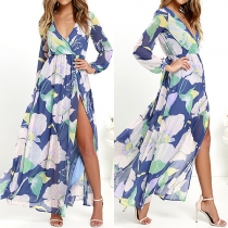Fashion Elegant Floral Printed Deep V-neck Long Sleeve Side Slit Maxi Dress
