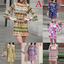 Fashion Sexy Printed Off-shoulder Flare Sleeve Dress 