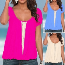 Fashion Casual Lace Spliced Short Sleeve Chiffon T-shirt 