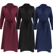 Fashion Elegant Solid Color Deep V-neck Long Sleeve Maxi Dress
