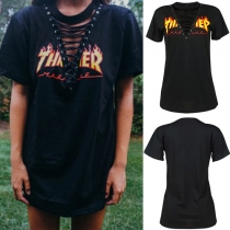 Fashion Casual Letters Printed Hollow Out Bandage Short Sleeve T-shirt 