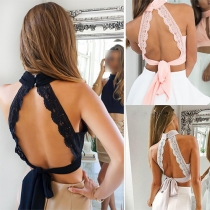 Fashion Sexy Solid Color Backless Lace Chiffon Crop Top 