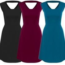 Sexy Backless Sleeveless Round Neck Solid Color Dress