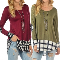 Fashion Plaid Spliced Long Sleeve High-low Hem T-shirt