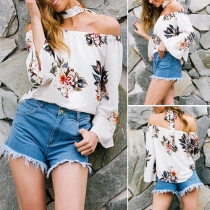 Sexy Off-shoulder Long Sleeve Printed Chiffon Tops