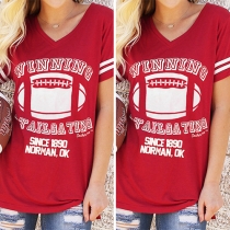 Fashion Casual Letters Printed V-neck Short Sleeve Sports T-shirt 