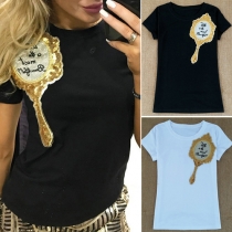 Fashion Casual Mirror Printed Sequin Short Sleeve T-shirt 