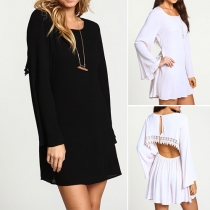 Sexy Lace Spliced Backless Trumpet Sleeve Solid Color Dress