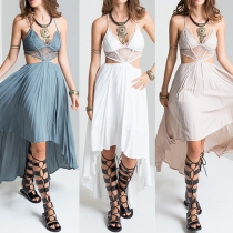 Sexy Backless Deep V-neck Irregular Hem Lace Spliced Dress