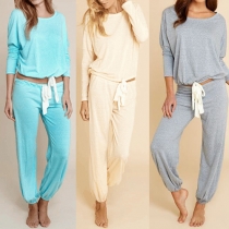 Fashion Solid Color Long Sleeve Round Neck Lace-up Sports Suit