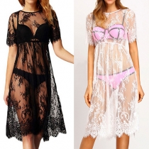 Sexy Short Sleeve Round Neck See-through Lace Smock