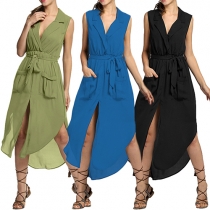 Sexy Deep V-neck Slit Hem Sleeveless Solid Color Chiffon Dress