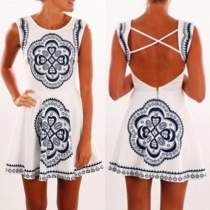 Sexy Backless Sleeveless Round Neck Printed Dress