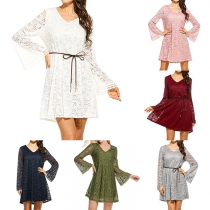 Elegant Solid Color V-neck Trumpet Sleeve Lace Dress