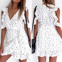 Sexy Off-shoulder Deep V-neck Dots Printed Ruffle Dress