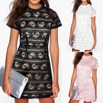 Elegant Solid Color Short Sleeve Round Neck Lace Dress